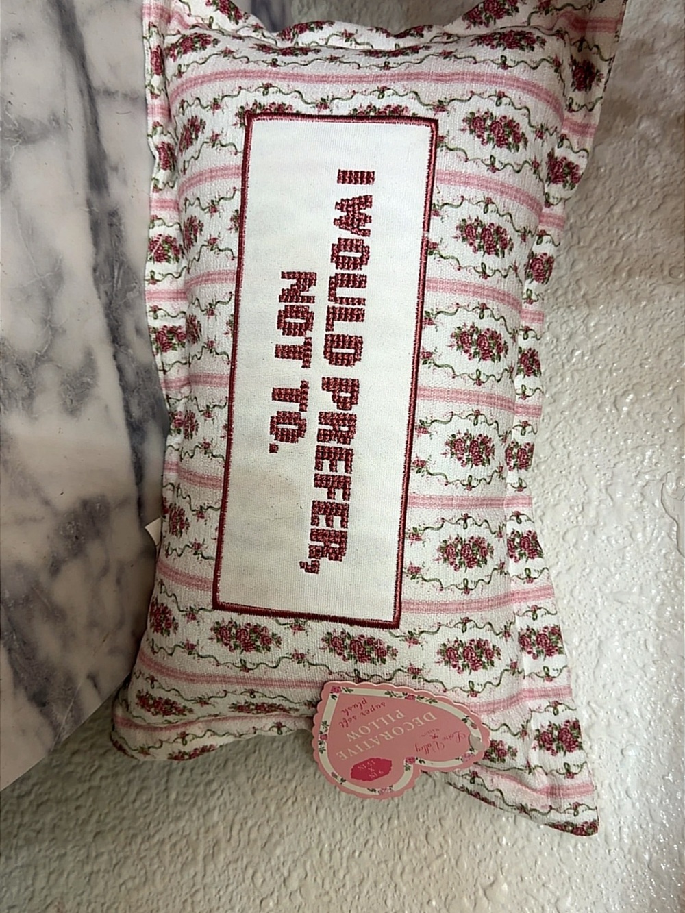 Decorative Floral Throw Pillow with Pink Cross-Stitch